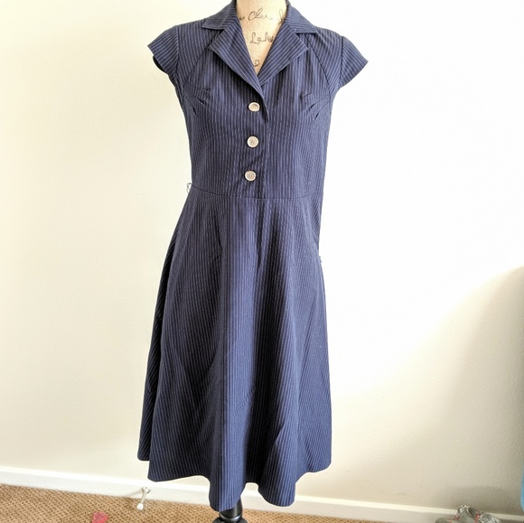 EUC Vintage Calvin Klein Navy Pinstripe Midi Dress - Picture 2 of 8